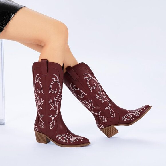 🆕Women Red Western Cowgirl Embroidered Pointed Toe Chunky Heel Mid Calf Boots - Picture 2 of 6